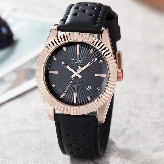 TOMI  Men's Watch Date Quartz Round Shape Dial Leather Straps Irtaza Rasool Store